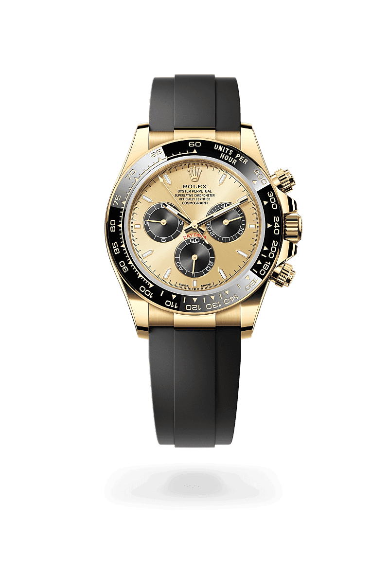 Rolex Cosmograph Daytona in Oyster, 40 mm, yellow gold with a Golden and bright black dial, Black monobloc Cerachrom bezel in ceramic with moulded tachymetric scale bezel, and Oysterflex bracelet