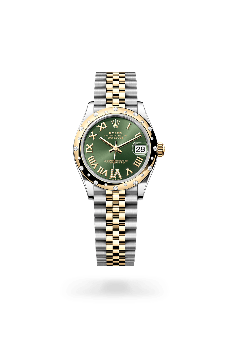 Rolex Datejust 31 in Oyster, 31 mm, Oystersteel, yellow gold and diamonds with a Olive green set with diamonds dial, Domed, set with diamonds bezel, and Jubilee, five-piece links bracelet