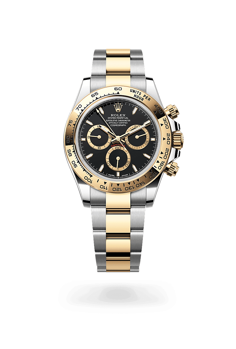 Rolex Cosmograph Daytona in Oyster, 40 mm, Oystersteel and yellow gold with a Black, golden counter rings dial, Fixed, with engraved tachymetric scale, in yellow gold bezel, and Oyster, three-piece solid links bracelet