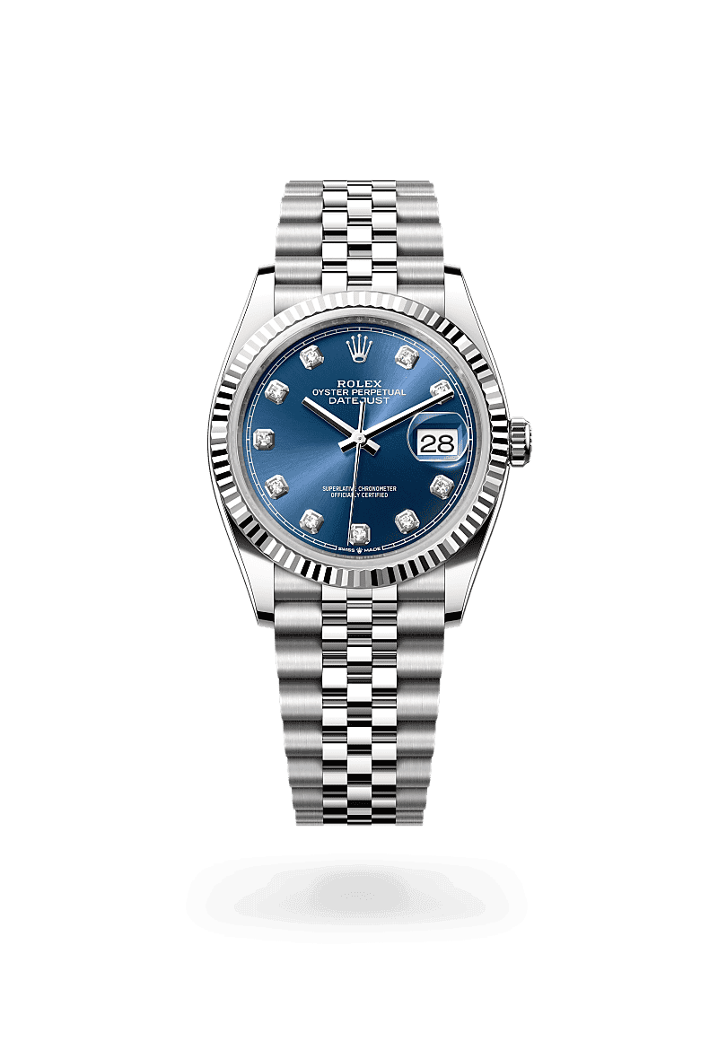 Rolex Datejust 36 in Oyster, 36 mm, Oystersteel and white gold with a Bright blue set with diamonds dial, Fluted bezel, and Jubilee, five-piece links bracelet