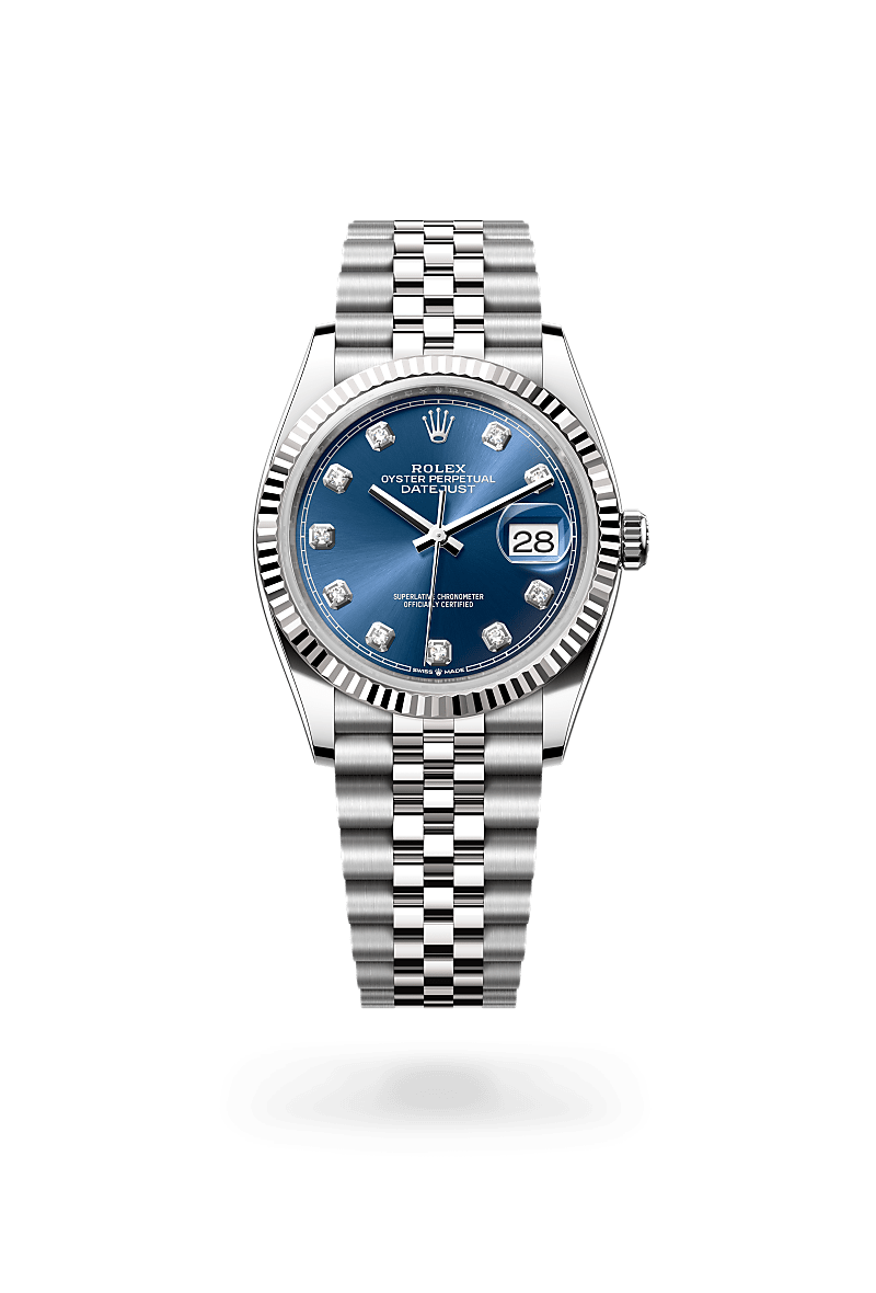 Rolex Datejust 36 in Oyster, 36 mm, Oystersteel and white gold with a Bright blue set with diamonds dial, Fluted bezel, and Jubilee, five-piece links bracelet