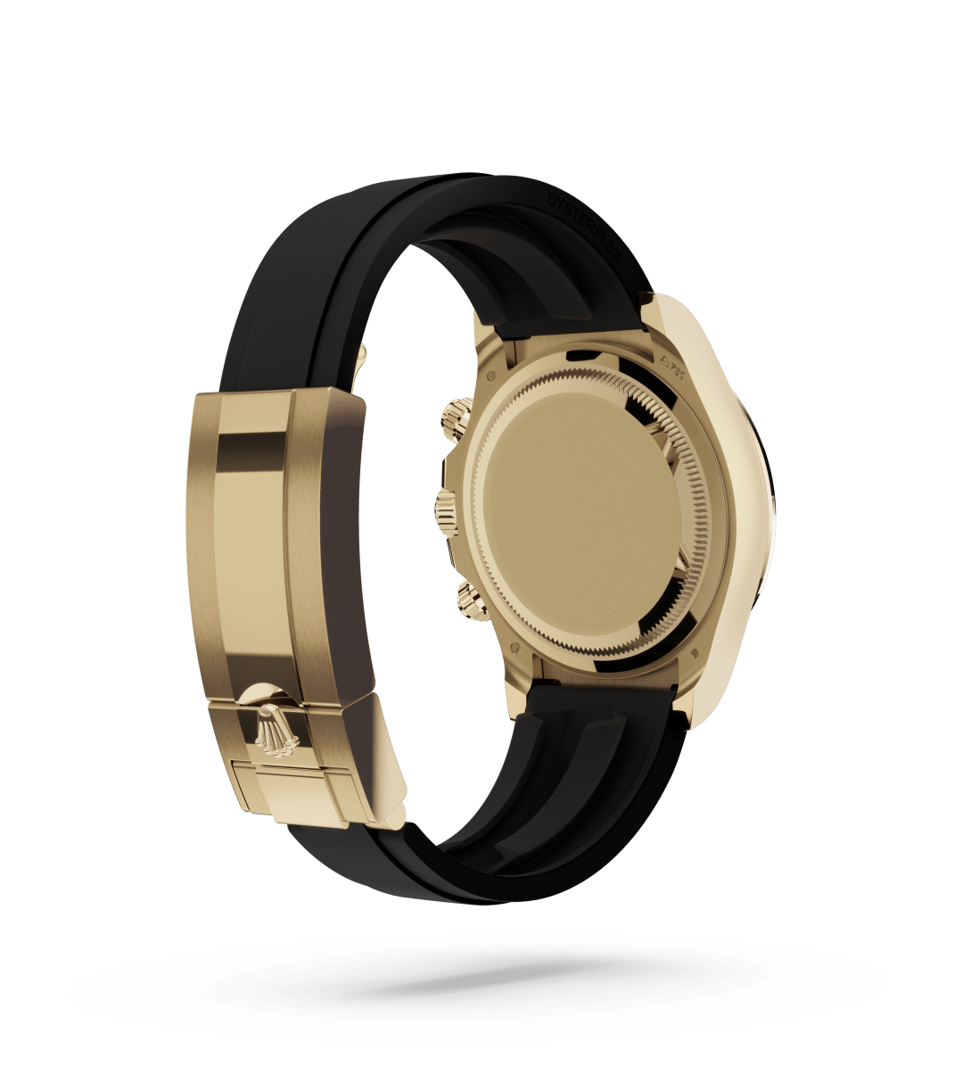 Rolex Cosmograph Daytona in Oyster, 40 mm, geelgoud with a Goud en helderzwart dial, Zwarte Cerachrom-bezel uit één stuk keramiek met gevormde tachymetrische schaal bezel, and Oysterflex-band bracelet