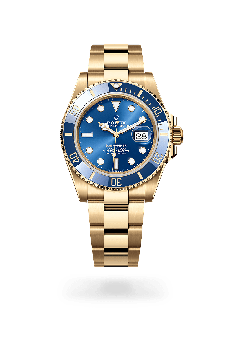 Rolex Submariner Date in Oyster, 41 mm, yellow gold with a Royal blue dial, Unidirectional rotatable 60-minute graduated, scratch-resistant Cerachrom insert in blue ceramic, numerals and graduations coated in gold bezel, and Oyster, three-piece solid links bracelet
