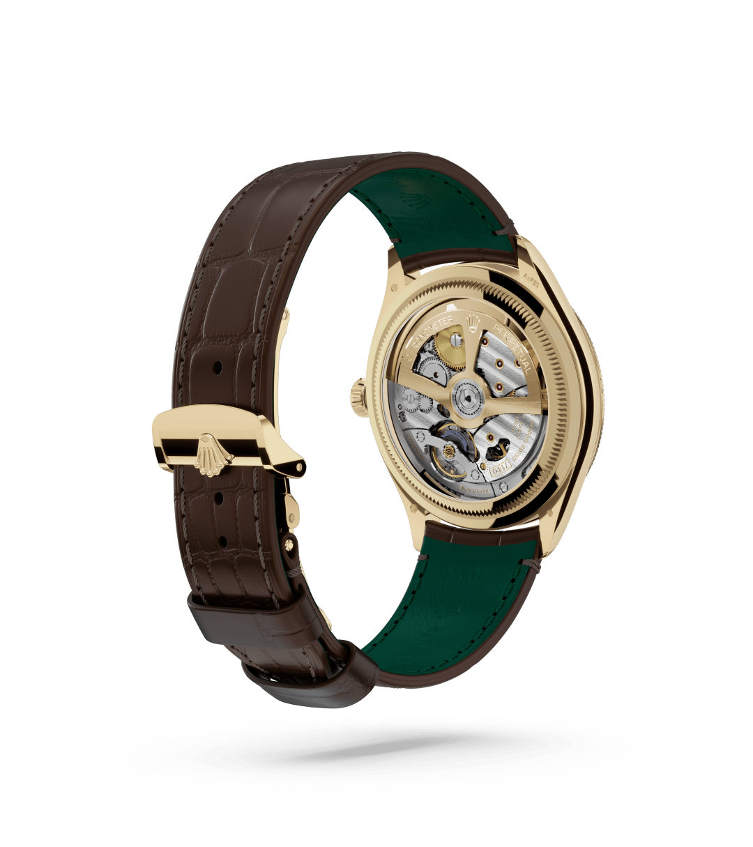 Rolex 1908 in 39 mm, 18 ct yellow gold, polished finish with a Intense white dial, Domed and fluted bezel, and Leather strap bracelet