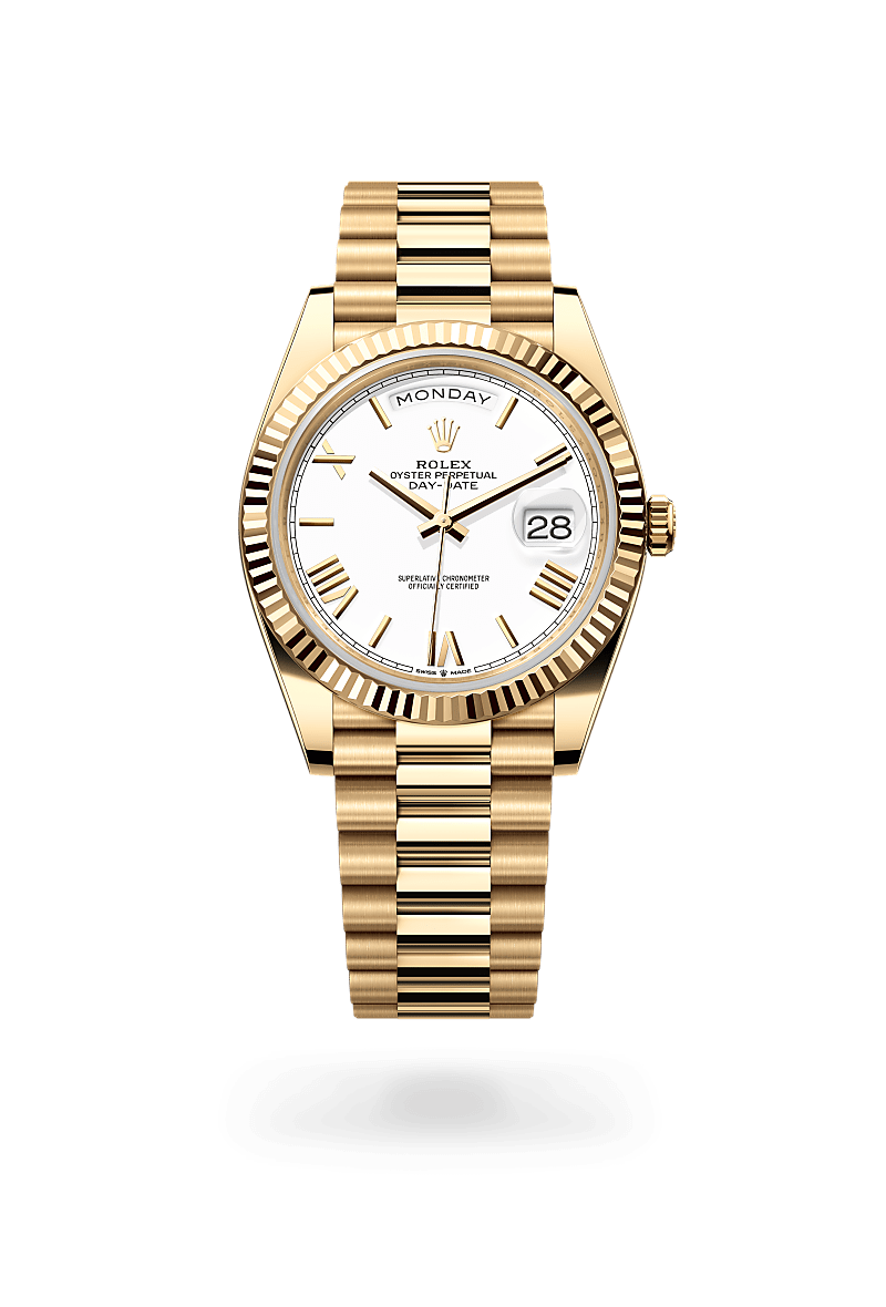 Rolex Day-Date 40 in Oyster, 40 mm, geelgoud with a Wit dial, Gekarteld bezel, and President, halfronde driedelige schakels bracelet