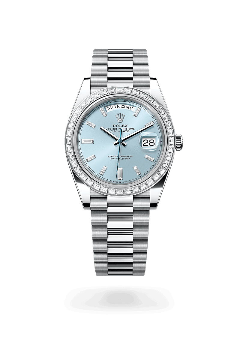 Rolex Day-Date 40 in Oyster, 40 mm, platinum and diamonds with a Ice blue set with diamonds dial, Set with diamonds bezel, and President, semi-circular three-piece links bracelet