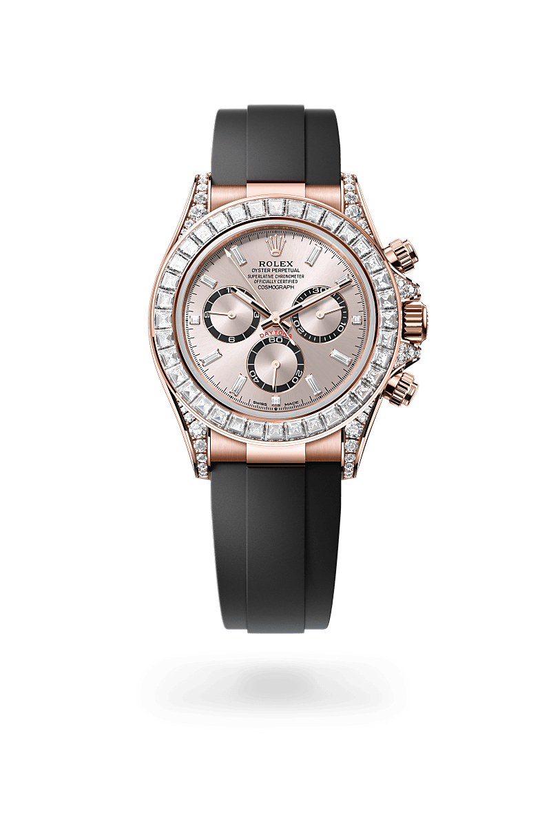 Rolex Cosmograph Daytona in Oyster, 40 mm, Everose-goud en diamanten with a Sundust, helderzwarte tellerringen, bezet met diamanten dial, Bezet met diamanten bezel, and Oysterflex-band bracelet