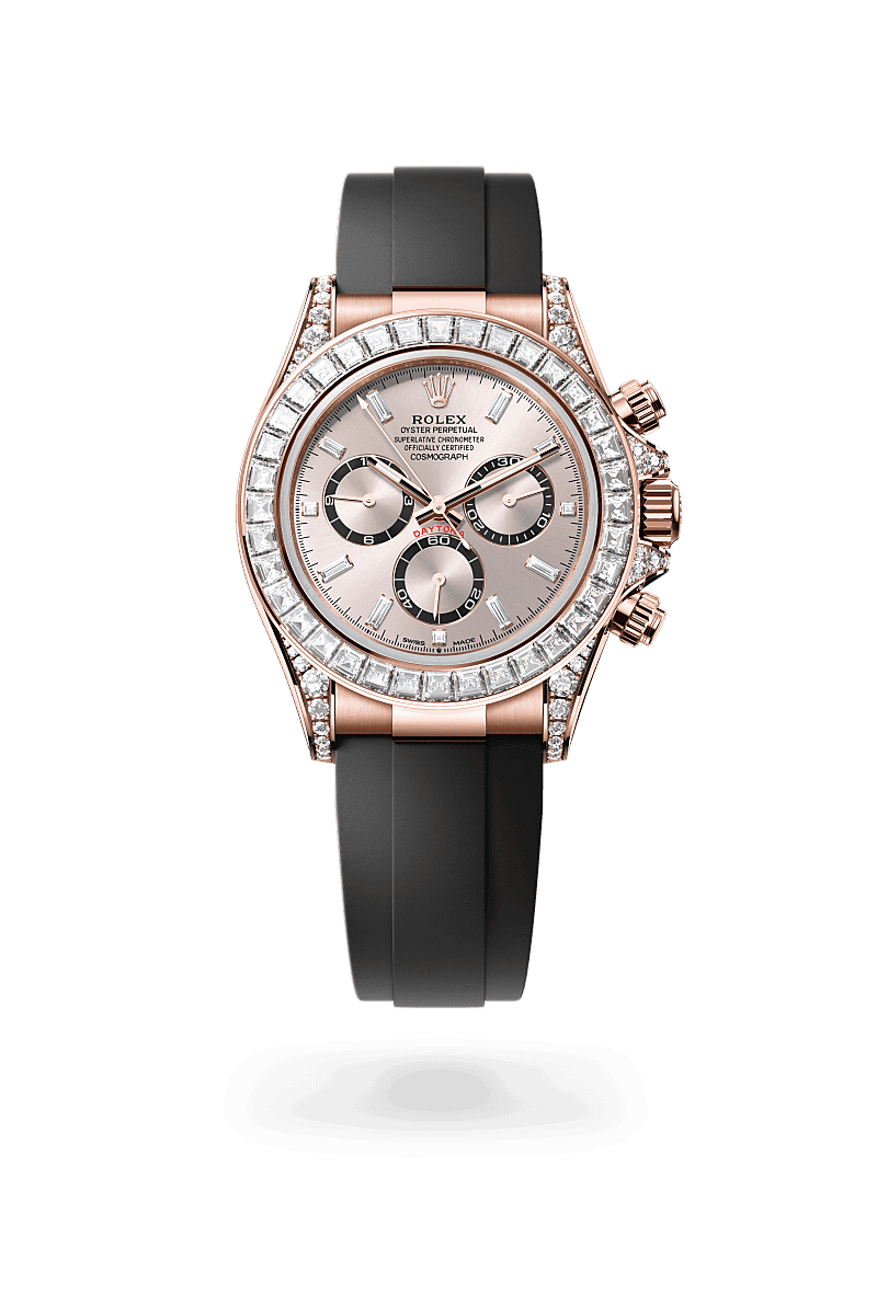 Rolex Cosmograph Daytona in Oyster, 40 mm, Everose-goud en diamanten with a Sundust, helderzwarte tellerringen, bezet met diamanten dial, Bezet met diamanten bezel, and Oysterflex-band bracelet