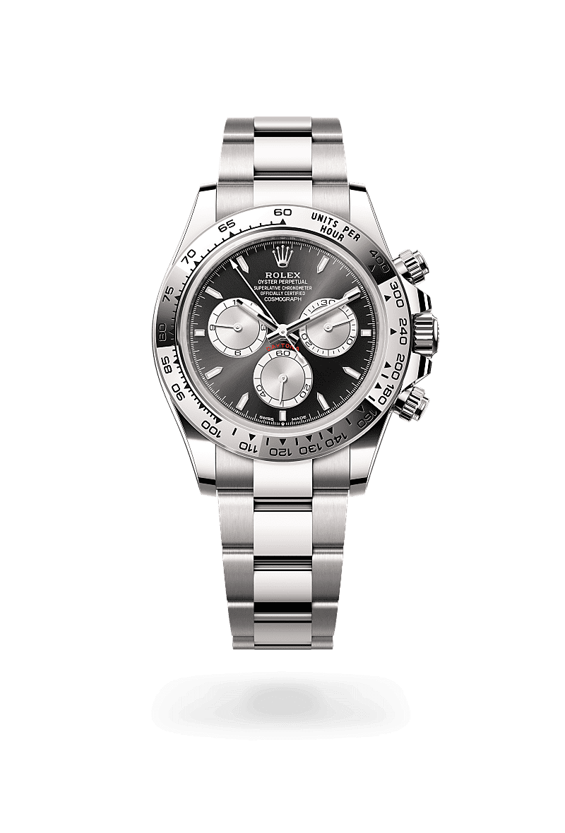 Rolex Cosmograph Daytona in Oyster, 40 mm, white gold with a Bright black and steel dial, Fixed, with engraved tachymetric scale, in 18 ct white gold bezel, and Oyster, three-piece solid links bracelet