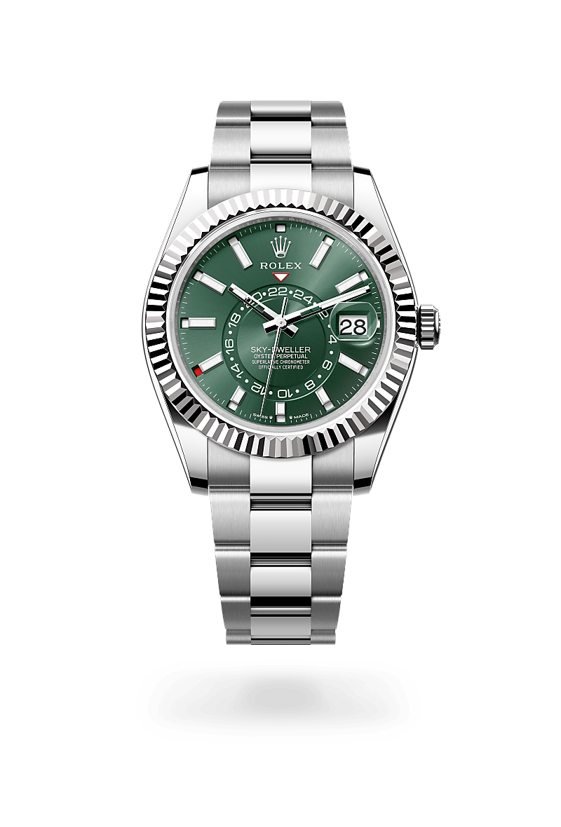 Rolex Sky-Dweller in Oyster, 42 mm, Oystersteel en witgoud with a Mintgroen dial, Gekarteld, bidirectioneel draaibare Rolex Ring Command bezel, and Oyster, massieve driedelige schakels bracelet