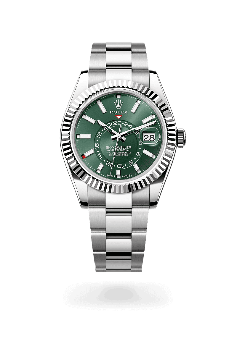 Rolex Sky-Dweller in Oyster, 42 mm, Oystersteel en witgoud with a Mintgroen dial, Gekarteld, bidirectioneel draaibare Rolex Ring Command bezel, and Oyster, massieve driedelige schakels bracelet