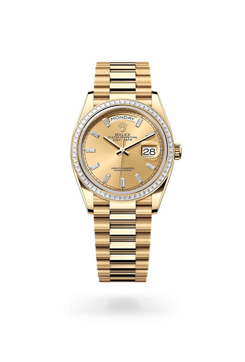 Rolex Day-Date 36 in Oyster, 36 mm, geelgoud en diamanten with a Champagnekleurig, bezet met diamanten dial, Bezet met diamanten bezel, and President, halfronde driedelige schakels bracelet