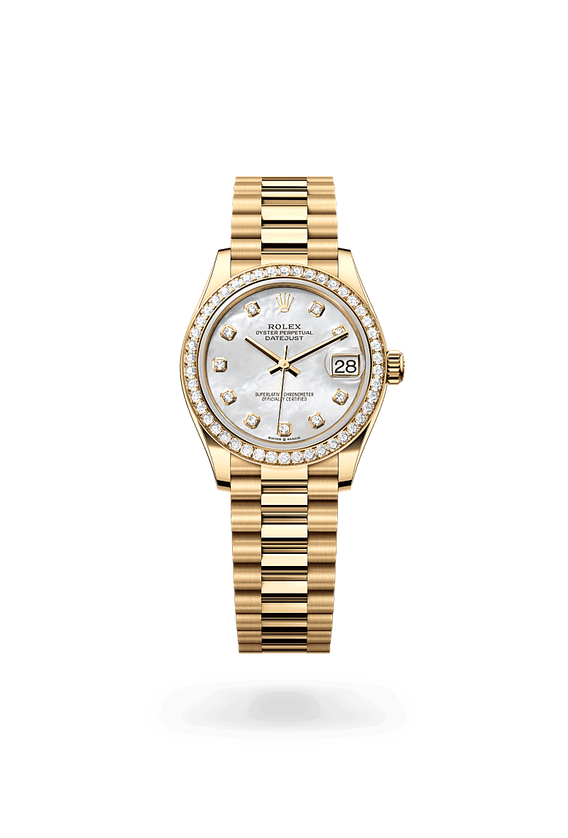 Rolex Datejust 31 in Oyster, 31 mm, geelgoud en diamanten with a Wit parelmoer, bezet met diamanten dial, Bezet met diamanten bezel, and President, halfronde driedelige schakels bracelet