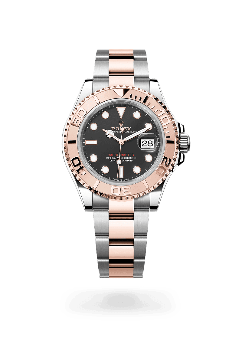 Rolex Yacht-Master 40 in Oyster, 40 mm, Oystersteel en Everose-goud with a Diepzwart dial, Bidirectioneel draaibare bezel van Everose-goud met 60-minutenverdeling en reliëfcijfers bezel, and Oyster, massieve driedelige schakels bracelet