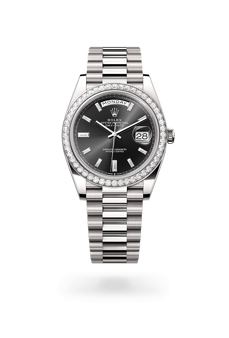 Rolex Day-Date 40 in Oyster, 40 mm, witgoud en diamanten with a Helderzwart, bezet met diamanten dial, Bezet met diamanten bezel, and President, halfronde driedelige schakels bracelet