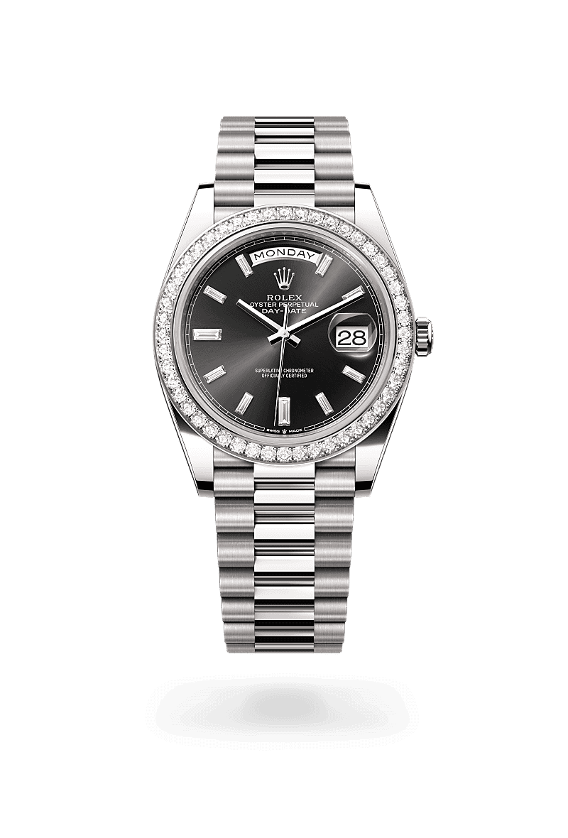 Rolex Day-Date 40 in Oyster, 40 mm, white gold and diamonds with a Bright black set with diamonds dial, Set with diamonds bezel, and President, semi-circular three-piece links bracelet