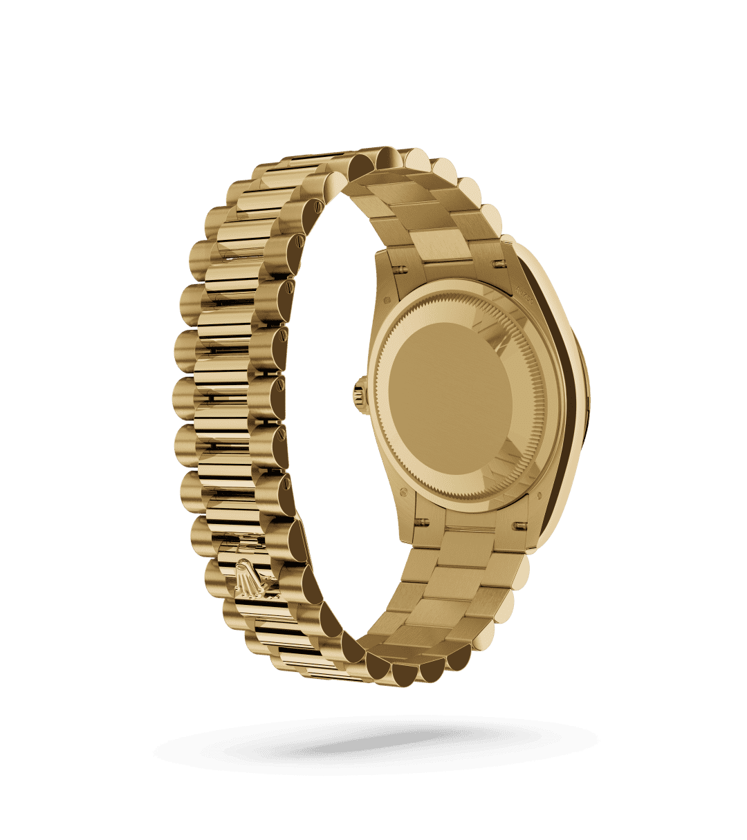 Rolex Day-Date 36 in Oyster, 36 mm, geelgoud with a Donkergrijs bezet met diamanten dial, Gekarteld bezel, and President, halfronde driedelige schakels bracelet