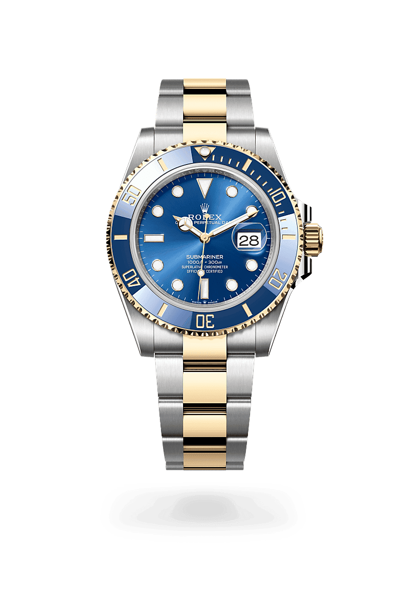 Rolex Submariner Date in Oyster, 41 mm, Oystersteel and yellow gold with a Royal blue dial, Unidirectional rotatable 60-minute graduated, scratch-resistant Cerachrom insert in blue ceramic, numerals and graduations coated in gold bezel, and Oyster, three-piece solid links bracelet