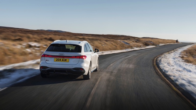 Audi A5 Avant on a long, winding road, rear three quarter