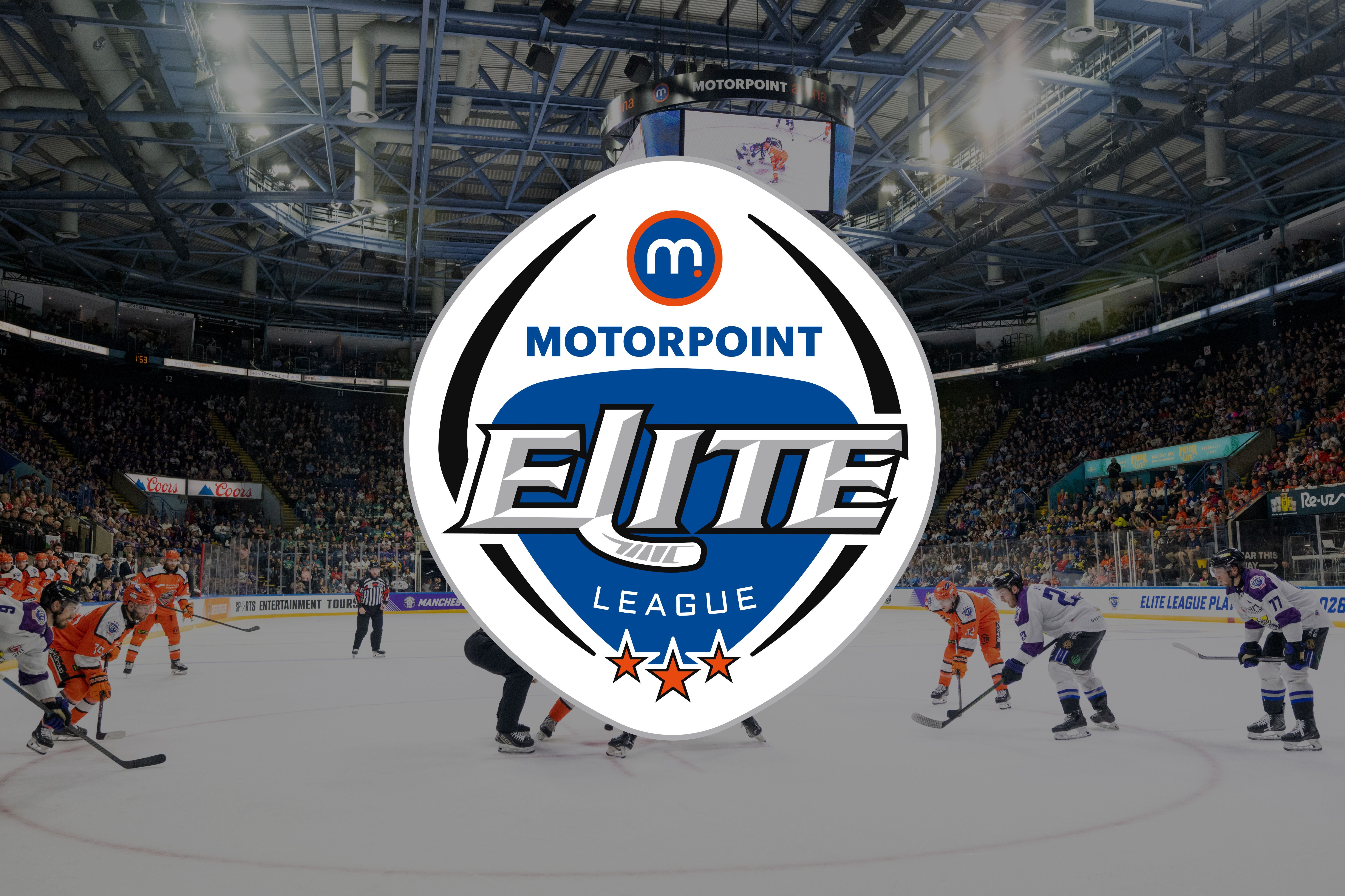 An image of two ice hockey teams playing at the Motorpoint Arena Nottingham, overlaid with the new Elite League logo featuring Motorpoint