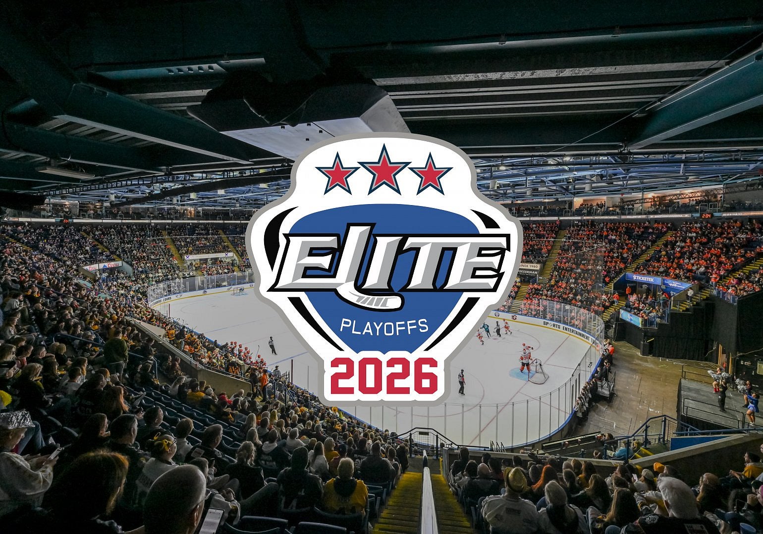 A picture of the Elite League logo over an image of fans at an Ice Hockey game