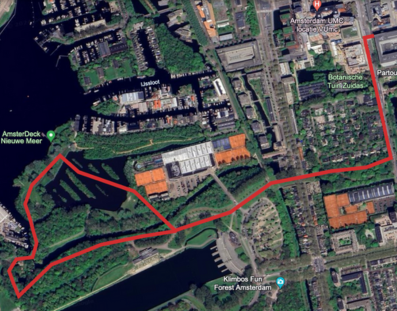 De uitgestippelde wandelroute voor een wandeling van een uur vanaf de VU door het Amsterdamse Bos.