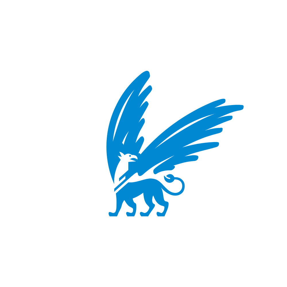 A blue logo featuring a lion and wings (VU Amsterdam)