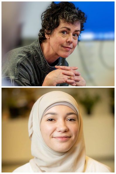 Twee portretfoto's van Miranda van Holland en Selma Boulmalf in collage