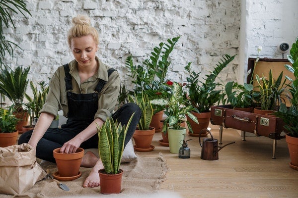 Woman sitting on the ground surrounded by plant pots