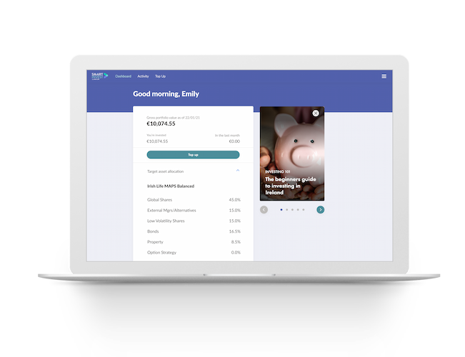 Laptop computer displays Irish Life's Smart Invest digital investment platform