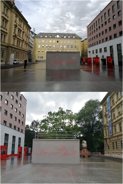 Der Niederstätter Artcontainer GIRLS WANTED kann bis zum 30.09.25 am Silvius Magnago-Platz in Bozen besichtigt werden