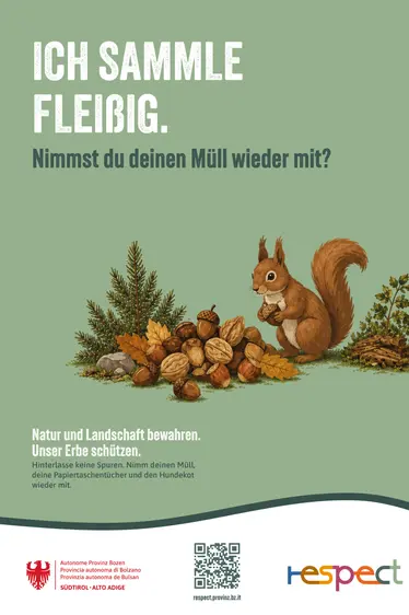 Das Eichhörnchen sammelt fleißig. Nimmst du deinen Müll wieder mit?
Hinterlasse keine Spuren. Nimm deinen Müll, deine Taschentücher und den Hundekot wieder mit.