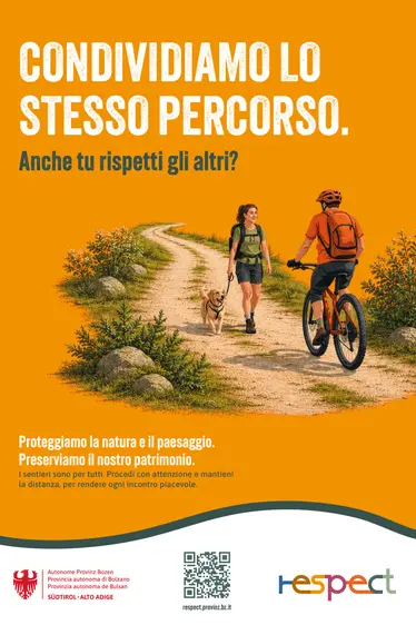 Condividiamo lo stesso percorso. Anche tu rispetti gli altri?
I sentieri sono per tutti. Procedi con attenzione e mantieni la distanza, per rendere ogni incontro piacevole.