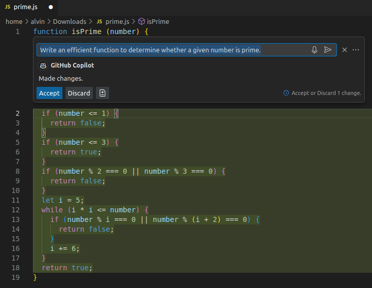 Using GitHub Copilot within VSCode to generate JavaScript based on natural language instructions