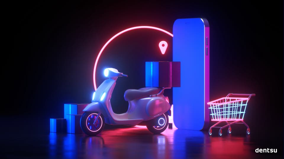Neon image with a scooter and shopping cart