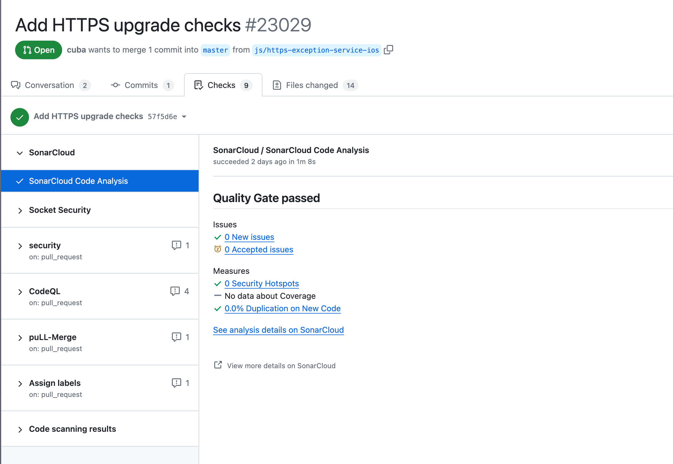 SonarCloud static code analysis security add https upgrade checks