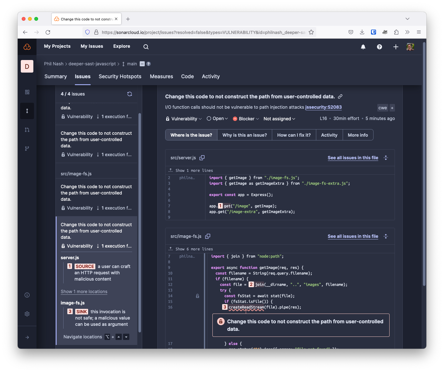 A screenshot of a SonarCloud analysis of the above code. It shows that there is a source in server.js, where user input comes from the HTTP request. That input is then passed through to the getImages function which does not sanitise it before it makes a request to createReadStream to read a file. In this case the createReadStream function was imported from the standard library fs module.