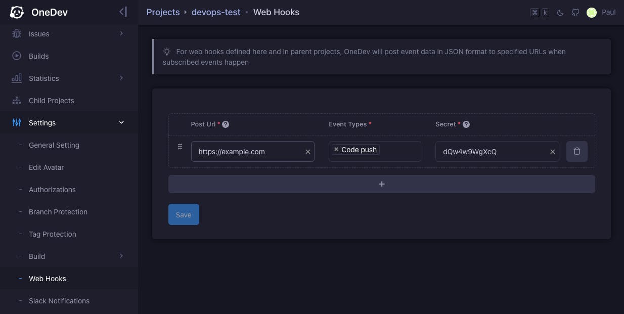 Screenshot of OneDev's web hook page