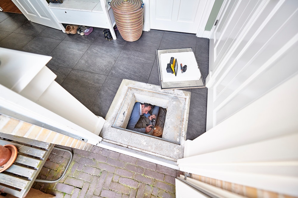 man in kruipruimte maakt foto's