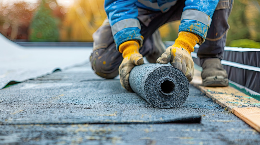 man brengt dakbedekking plat dak aan