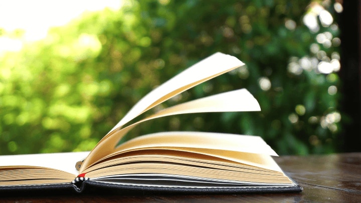 Opengeslagen boek waarvan bladen bewegen in de wind