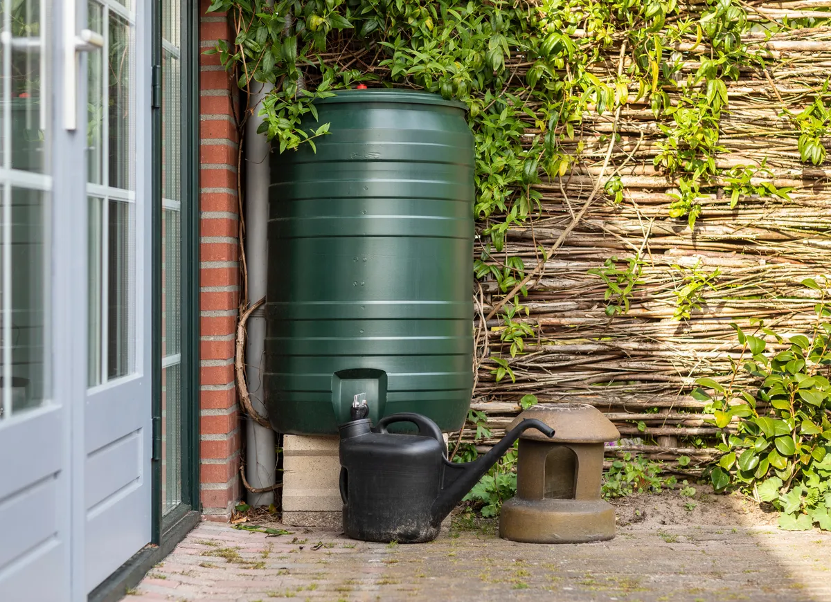 Regenton en gieter naast schutting
