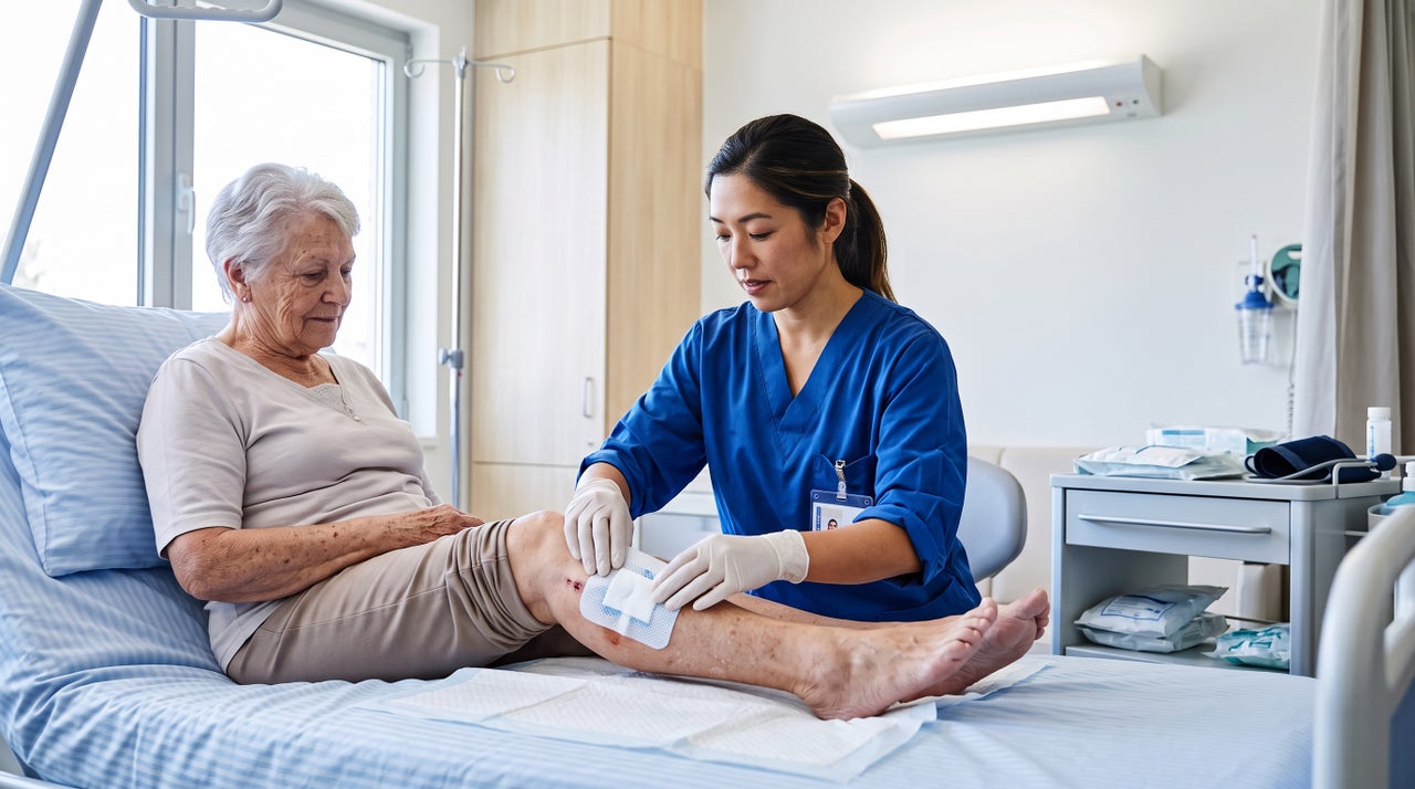 Wundexpertin versorg Wunde einer Patientin im Krankenhaus