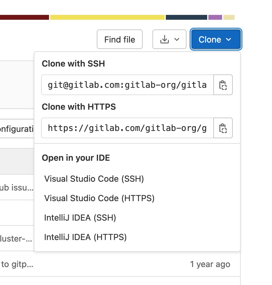 A dropdown menu called "Open in your IDE" on a GitLab instance.