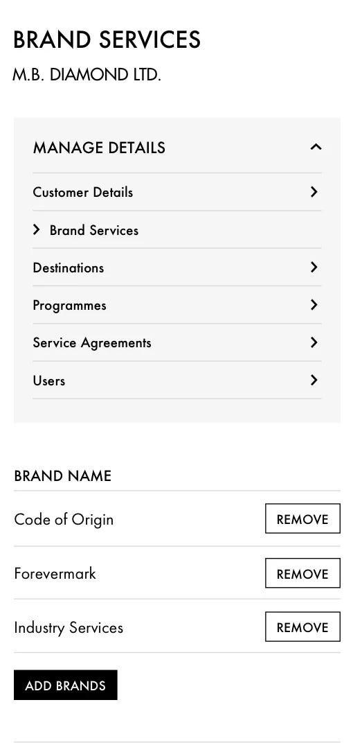 De Beers client portal brand services page