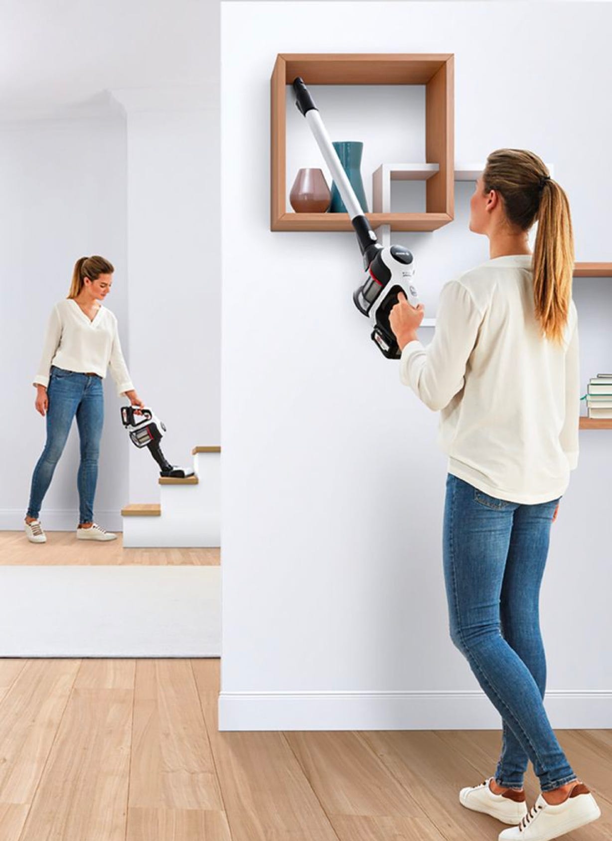 Woman using Bosch vacuum cleaner around her house