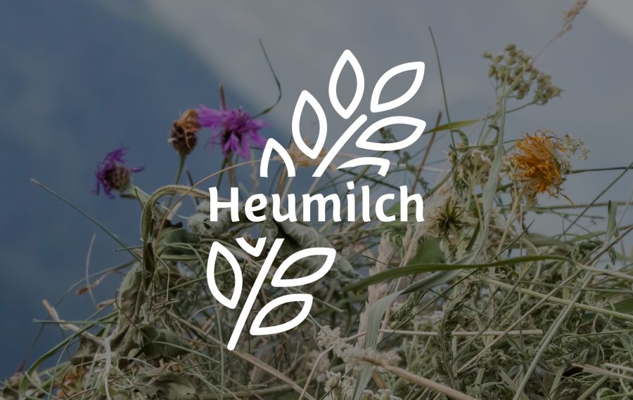 Die Aufschrift "Heumilch" und ein stilisiertes Symbol einer Ähre und eines Blattes überlagern eine Nahaufnahme eines Heu- und Grashaufens.