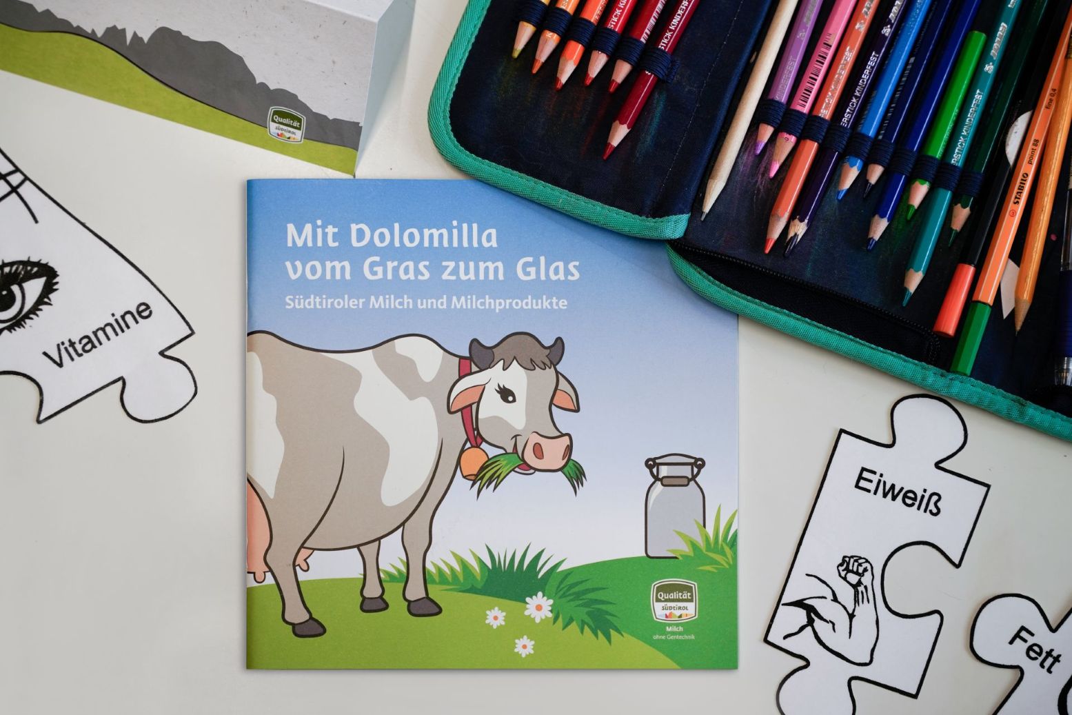 Broschüre mit Kuhillustration liegt auf Tisch neben Farbstiften und Puzzleteilen mit Ernährungsbegriffen.