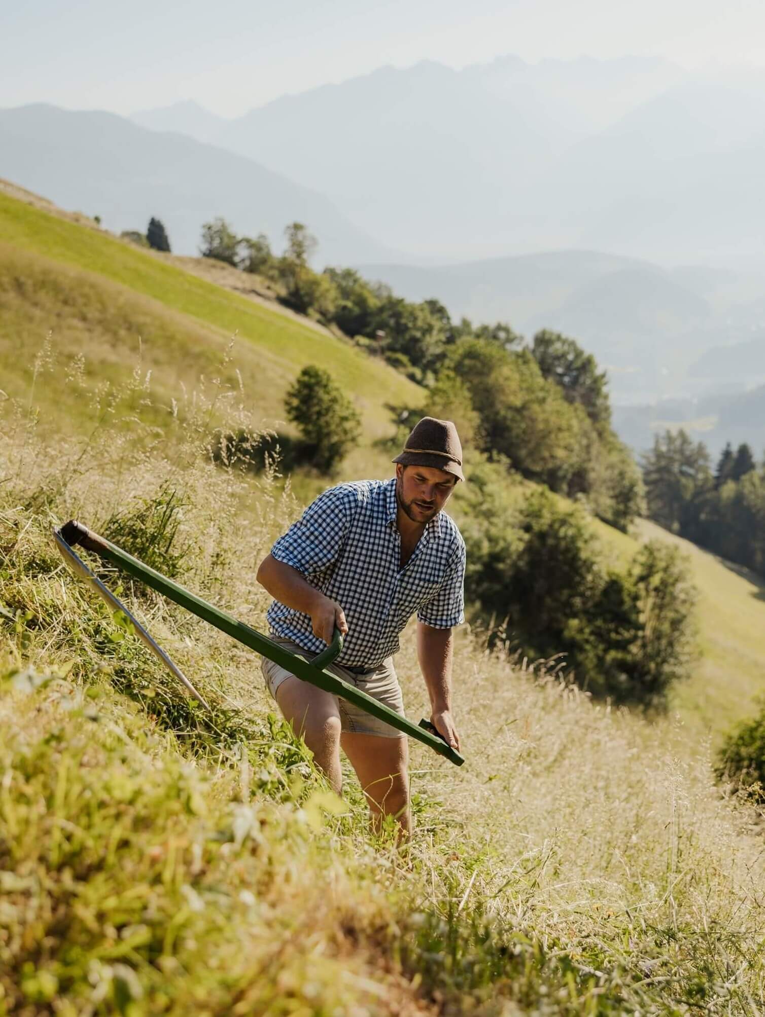 Alex Kohlhaupt falcia un prato in pendenza con alberi e montagne sullo sfondo