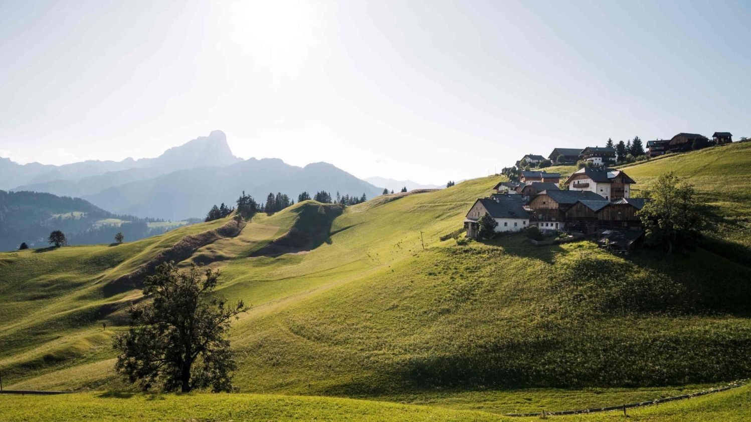 Eine Gruppe von Hütten steht auf einem Hügel in einer grünen Wiese, mit Bergen im Hintergrund.